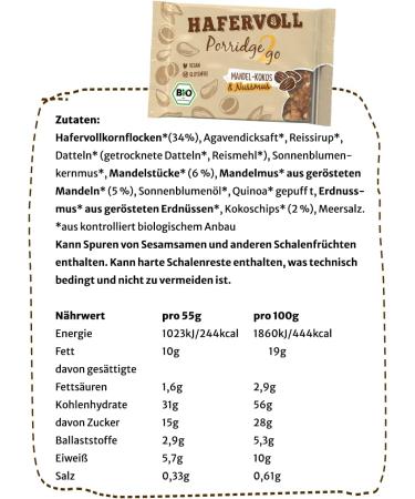Hafer Porridge2go Mandel-Kokos & Nussmus | Vegan Organic Gluten-Free Snack | 13 x 55g Bars with Oats Dates & Quinoa Puffs - Buy Online on GoSupps.com
