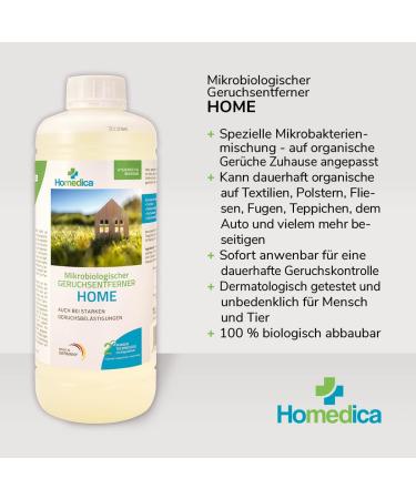 Homedica Odor Remover 1L + 500ml Refill - Vegan Microbiological Cleaner for Textiles Upholstery & Animal Skins - Made in Germany - Buy Online on GoSupps.com