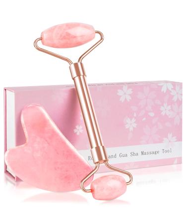 ZS ZESHIN Jade Roller & GuaSha Set-Facial Beauty Roller Skin Care Tools  Rose Quartz Massager for Face  Eyes  Neck  Body to Relieve Wrinkles Fine Line and Eyepuffiness Pink