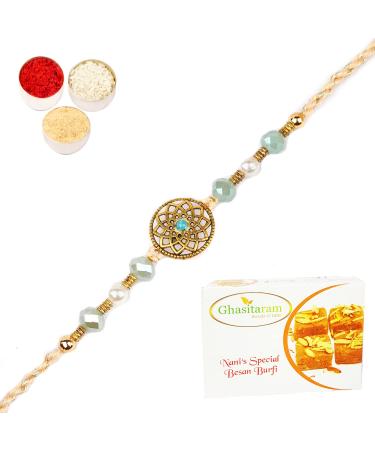 Ghasitaram Gifts Rakhi for Brother Rakhis Online - Rm- 643 Premium Rakhis with 400 GMS of Besan Barfi Rakhi Set with 400 gms of Besan Barfi