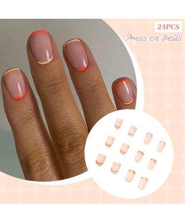 Morily Orange French Tip Press on Fake Nails - 24Pcs Short Square Clear Pink Acrylic Yellow False Nails for Women - Buy Online on GoSupps.com