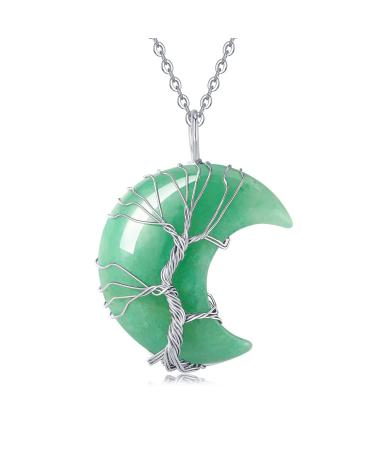 XIANNVXI Crystal Necklaces for Women Crescent Moon Necklace Healing Crystals Pendant Tree of Life Wire Wrapped Reiki Spiritual Necklace Jewellery for Women D - Aventurine