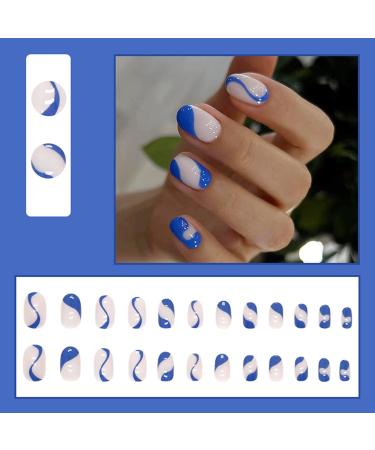 JUSTOTRY 24 Pcs Short Dark Blue French False Nails - Swirl Design Press on Nails for Women | Nail Art Glue Included - Buy Online on GoSupps.com