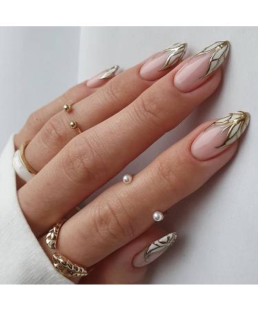 Medium Press on Nails French Almond Fake Nails Gold Butterfly False Nails Tip with Lines Designs Acrylic Nails Nude Pink Glue on Nails Reusable Artificial Nails Cute Stick on Nails for Women 24PCS