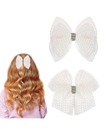 2PCS Pearls Hair Bow for Girls White Hair Bows Clips Cute Alligator Beads Hairgrip for Baby Kids Toddlers Women Teens