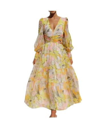 Ladies' Spring and Summer 2023 Leisure Printed Long Sleeve V Neck Sun Dress R M Plus Size Dress Plus Size for Yellow X-Large