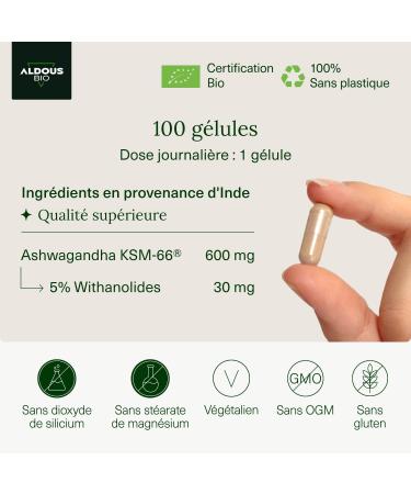 Organic Ashwagandha KSM-66 600mg | 100 Capsules | Wellness Anti Stress Energy Sleep | 5% Withanolides | Ashwagandha KSM-66 | 100% Pure | Vegan | Plastic Free | Certified Organic - Buy Online on GoSupps.com