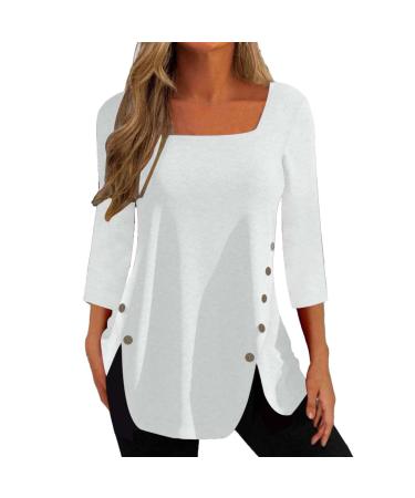 tsaChick Womens Sweatshirts UK Women's T-Shirts Side Button Tops Ladies Long Sleeve Square Neck Shirts Solid Fitted Pull On Black Hoodies Women S-XXL WYB47 White 101 XL
