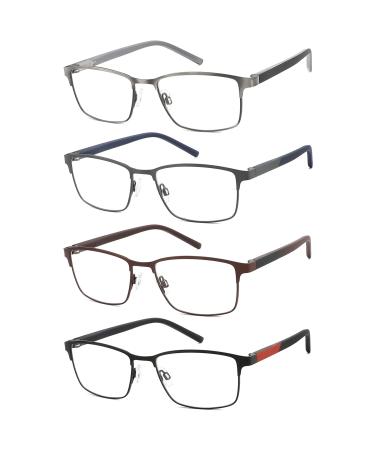 4 Pack Reading Glasses for Men Blue Light Blocking Computer Readers Anti UV Ray/Eye Strain/Glare Metal Frame Eyeglasses with Pouches(200 Magnification Strength) Black Gun Brown Grey 2.0x