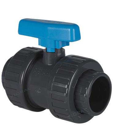 Plimat PVC ball valve adhesive fitting with 2x adhesive sleeve/screw connection 16 bar - grey/blue (50mm) - Buy Online on GoSupps.com
