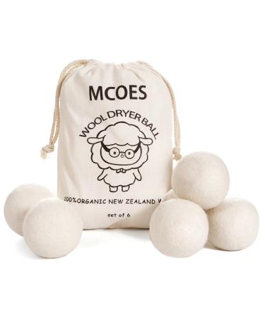 Wool Dryer Balls - MCOES 6-Pack - Premium Natural Fabric Softener & 100% Organic Premium New Zealand Wool - Baby Safe - Anti Static - Save Energy & Time - Reusable Dryer Balls (6)