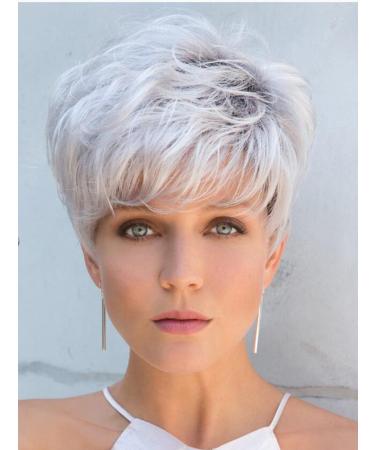 Byouq short silver gray real hair wig for women mix with healthy memory fiber pixie curly wig with bang natural daily hair 10cm silver
