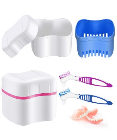 2 Denture Bath Cases Denture Cups with 2 Denture Cleaner Brushes Denture Boxes Dentures Container with Basket Denture Holder Brush Retainer Case for Travel Retainer Cleaning (Blue, Red, Purple)