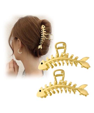 2PCS Large Metal Hair Claw Clips  Fish Bone Shape Lady Thick Hair Barrette Non-slip Hollow Hair Jaw Clamp Clips  Gold Hair Accessories for Women Lady Girls 2pcs-Fish