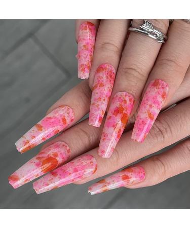 Sethexy long ballerina false fingernail inkmash false nails shiny multi -colored Press the nails 24st art nail tips for women and girls (pink)