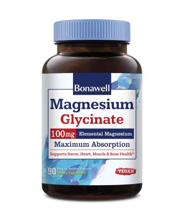 Bonawell Magnesium Glycinate Chelated Magnesium Supplement Maximum Bioavailability & Absorption No Gluten 100mg Elemental Magnesium Nerve Heart Muscle Health & Relaxation 90 Vegan Capsules
