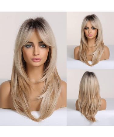 HAIRCUBE Long Blonde Wigs for Women, Layered Synthetic Hair Wig with Dark Roots for Daily Party Blonde with Black Roots