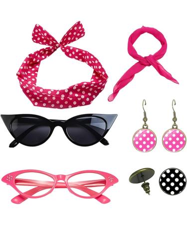 Polka Dot Headband - Headband Drop Earrings Set for 1950s Outfits - Print Dangle Earrings with Vintage Hair Bands Chiffon Scarf Cat Eye Glasses Hot Pink One Size - Buy Online on GoSupps.com