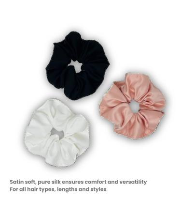 Josei 3pc Pure Silk Hair Scrunchies Set in Black, White & Pink with Rhinestones - Elastic Hair Bands for Women & Girls - Buy Online on GoSupps.com