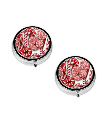 (Candy Canes) Round Pill Box 3 Compartment Pill Box Mini Decorative Pocket Purse Portable Travel Medicine Tablet Vitamin Holder Organizer Pill Case