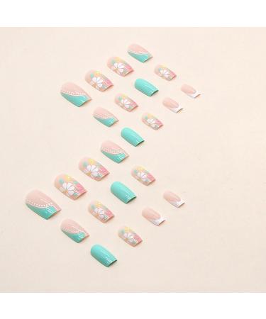 24pcs Square French Tip Short Stick on Nails with Flowers - White Green Press on Nails | Removable Glue-on Full Cover Fake Nails for Women and Girls - Buy Online on GoSupps.com