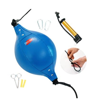 Double End Bag for Double end Bag Boxing with Fully Adjustable Cords - Blue PU Leather Quiet Punch Doorway Punching Bag - w Air Pump, Installation Hooks, & Manual for Boxing Punching Bag - Slip Bag