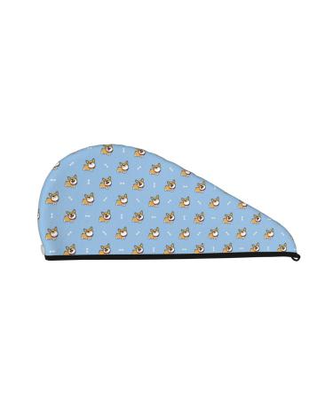 Cute Cartoon Corgi Woman's Coral Velvet Dry Hair Cap with Button Quick Dry Turban for Wet Hair Long Thick Hair Bath Shower Hair Cap Anti Frizz Hair Wrap Towel Strong Water Absorption