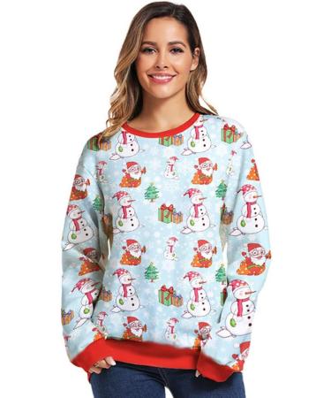 Bigfanshu Womans Fall Clothes 3D Print Christmas Long Sleeves O-Neck Pullover Sweatshirt Blouse Tops Light Blue - Buy Online on GoSupps.com