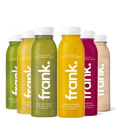 FRANK.5 day juice cure starter-30 cold-pressed vegan juices of 330ml 5 organic gingershots 1 herbal tea ideal fasting cure from fresh fruit & vegetables premium quality (including 7.50 disposable deposit) Starter 30 pieces (1 Pack)