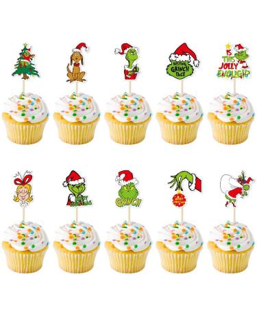 50 Pieces Grinch Cupcake Toppers Set Christmas Toothpick Cake Toppers for Chirstmas Day Party Decoration Holiday Supplies