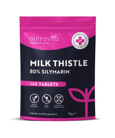 Milk Thistle Tablets - 120 Vegan Tablets - High Strength 4000mg Supplement - 100mg Milk Thistle Extract 40:1 per tablet - 80% Silymarin - Alternative to Milk Thistle Capsules - Made in Uk by Nutravita
