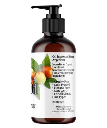 Premium Organic Unrefined Jojoba Oil 8oz with Pump Imported from Argentina 100% Pure Cold Pressed - for Hair Skin & Nails - Best Natural Moisturizer - Hexane Free by Sweet Essentials 8 Fl Oz (Pack of 1) - Buy Online on GoSupps.com