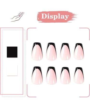 24Pcs Short Coffin French Press on Nails Nude Black Full Cover - Acrylic Fake Nails with Glue Sticker for Women - Buy Online on GoSupps.com