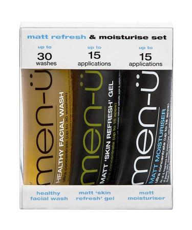 men-u MATT REFRESH & MOISTURISE SET 3x15ml mens skincare mini tubes- Deep Cleanse w/Healthy Facial Wash Tone w/salicylic acid cleanser Matt Skin Refresh Gel & Moisturise w/mens Matt Moisturiser