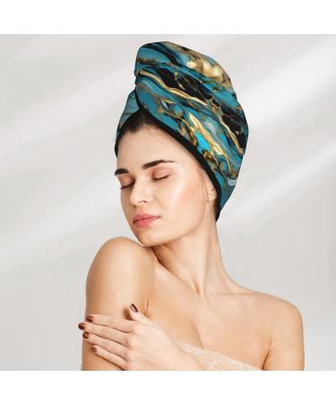 Turquoise Blue Gold Marble Velvet Hair Cap - Quick-Dry Hair Towel Wrap for Men & Women | Travel & Home Use - Buy Online on GoSupps.com
