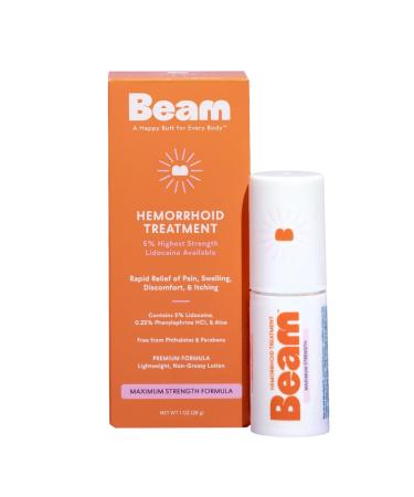 BEAM Maximum Strength Lightweight, Non-Sticky, Non-Greasy Hemorrhoid Cream Lotion, 5% Lidocaine, Phenylephrine HCI, Paraben & Phthalate Free, Fast Relief of Pain, Swelling, Itching & Discomfort, 1oz Hemorrhoid Treatment