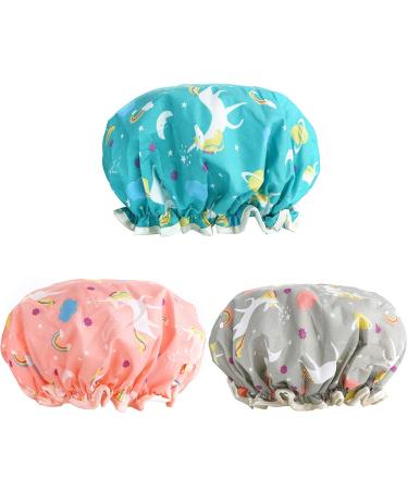 Shower Caps, 3 PACK Bath Cap for Women Waterproof & Adjustable Double Layered Shower Cap (Multi-colored6)