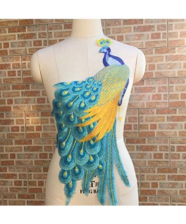 1pce Bright Color Embroidered Peacock Sewing Patches(23.5" X 13.4") (Blue)