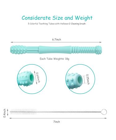 Tronphy Teething Tubes 5 Pack - Soft Silicone Chew Tubes for Babies 3-12 Months | Hollow Teether Toy with 2 Cleaning Brushes - Buy Online on GoSupps.com