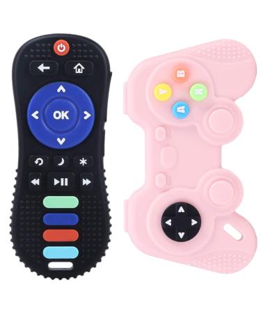 Gigi Kids - Bite ring for babies - set with 2 bite rings TV remote control ring and gamepad bite ring for baby - children toys from 3 months made from BPA -free silicone: black pink pink black
