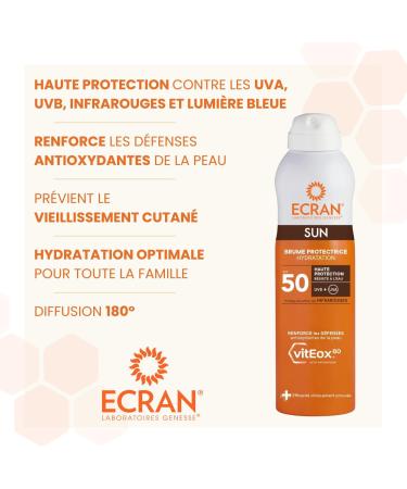 ECRAN - Brume Protectrice Hydratante - Haute Protection - Technologie vitEox80 - Vitamine E - Protection UVA UVB Lumi re Bleue Coups de Soleil - Protection Solaire SPF 50 - Bronzage naturel 250 ml (Lot de 1) - Buy Online on GoSupps.com