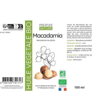 Organic Macadamia Oil - 100% pure and natural - 100ml - PROPOS'NATURE - Buy Online on GoSupps.com