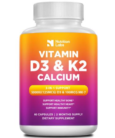 NUTRITIONLABS Vitamin D3 K2 5000 IU Supplement with Calcium Multivitamins Supports Immune Health Strong Bones Teeth & Heart Functions with Bioperine Black Pepper Fruit Extract 60 Count (Pack of 1)