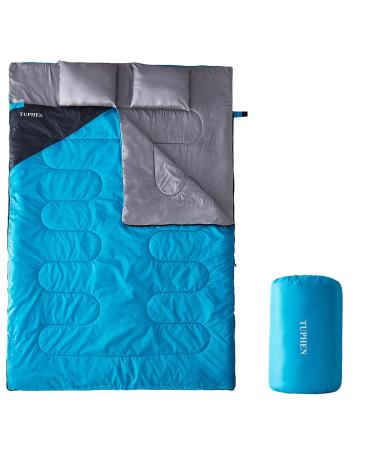 Tuphen Double Sleeping Bag, Sleeping Bag with 2 Pillows, Queen Size XL Bag for 2 People, Cold Warm Weather- 3 Seasons, Waterproof Adults Sleeping Bag for Camping, Backpacking or Hiking Double 86.6" x 59" Lake Blue Grey