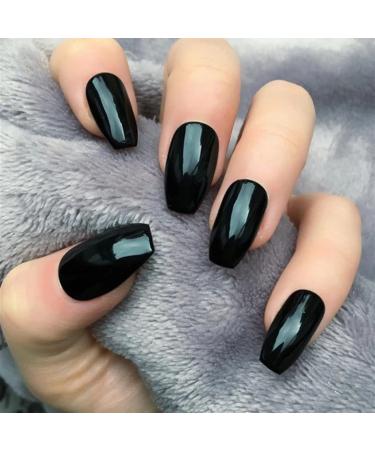 24 Shiny Black Coffin Press On Nails - Medium Length Full-Surface Artificial Nail Tips for Daily Use - Buy Online on GoSupps.com