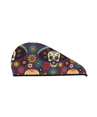 Microfiber Hair Drying Cap Skulls and Flowers Hair Towel Cap Soft Absorbent Hair Towel Towel Wrap with Button Quick Dry Fast Drying Hair Capsfor Curly Long & Thick Hair