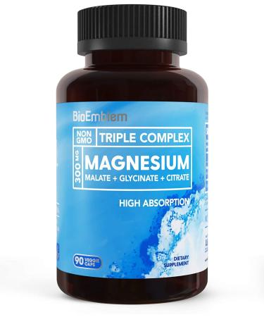 BioEmblem Triple Magnesium Complex | 300mg of Magnesium Glycinate, Malate, & Citrate for Muscle Relaxation, Sleep, Calm, & Energy | High Absorption | Vegan, Non-GMO | 90 Capsules