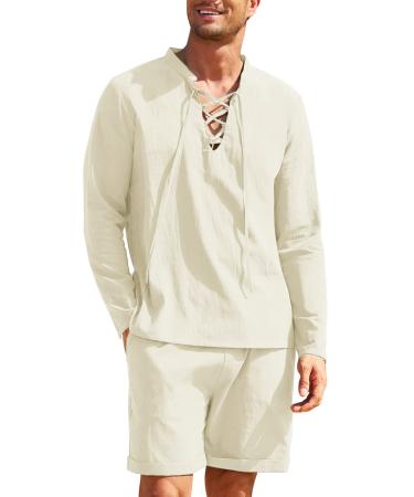 COOFANDY Men's 2 Pieces Cotton Linen Set Long Sleeve Lace Up Henley Shirts And Casual Beach Shorts Summer Yoga Outfits Beige X-Large