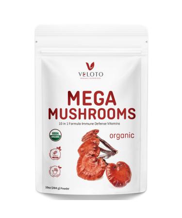 VELOTO Organic Mega Mushroom Powder Blend 10 in 1 Complex Mushroom Extract Powder Herbal Supplement with Reishi Cordyceps Chaga Lion's Mane Vegan & More Sustainably US Grown Filler Free 10oz