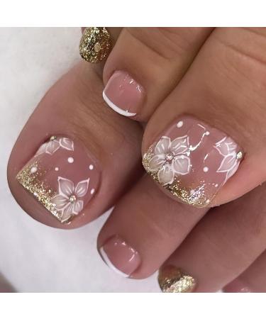 24Pcs Square Press on Toenails Short Fake Toenails Pink White French Tip Toe Nails with Floral Rhinestones and Gold Glitter Glue on Nails Design Acrylic Nails Artificial Nails for Women and Girls A3